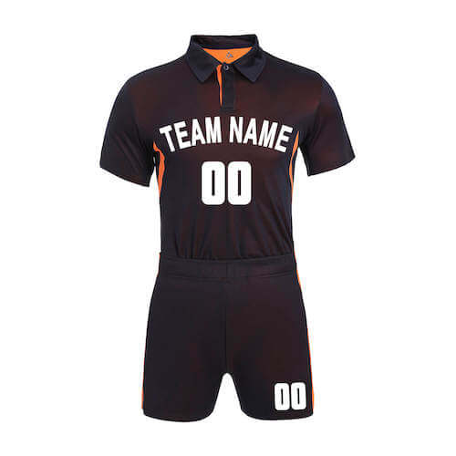 Black jersey and shorts with orange stripes and ‘TEAM NAME’ and ‘00’ printed on it in white