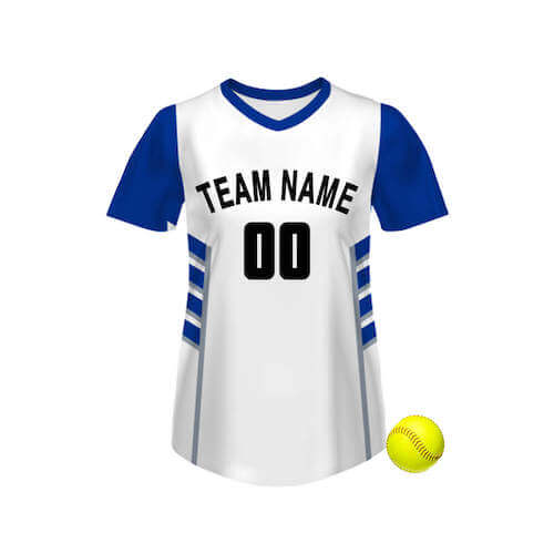 A white softball jersey with blue sleeves and blue stripes, placed beside a yellow softball