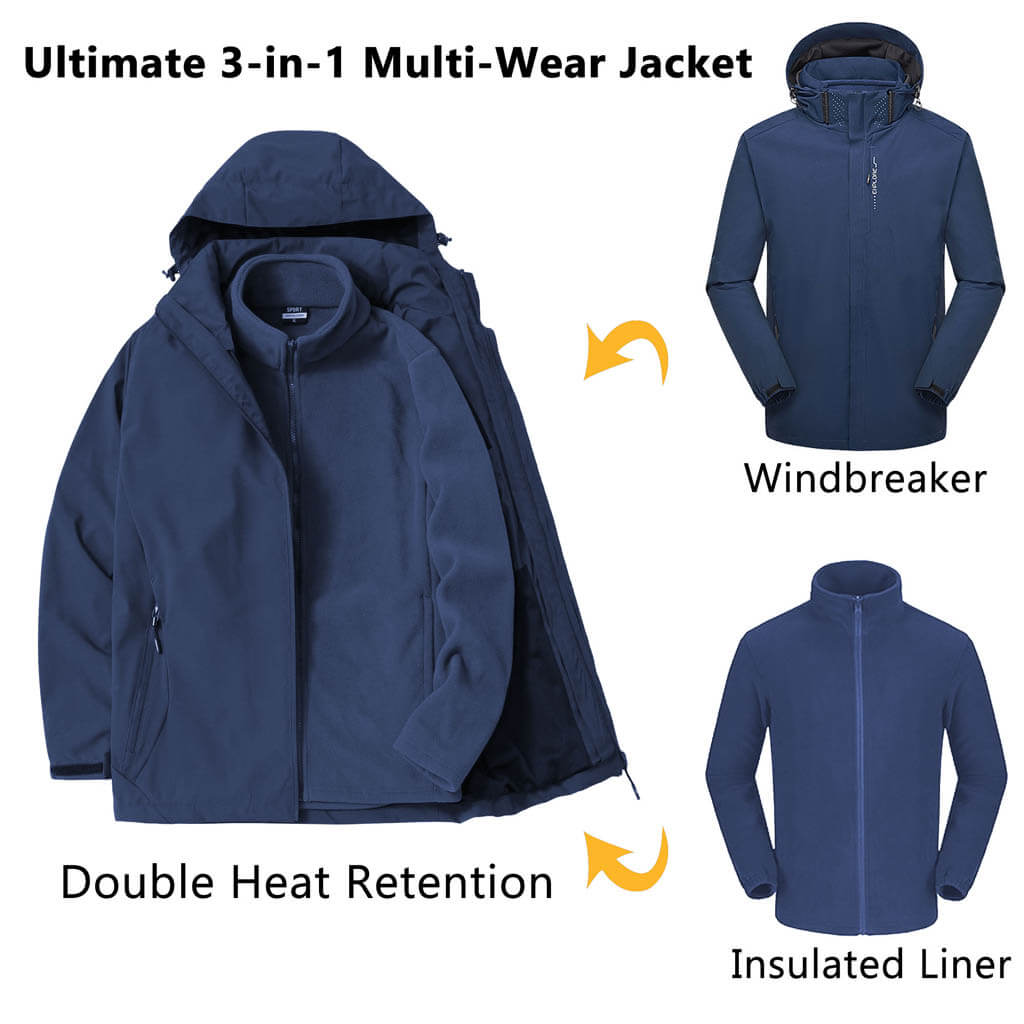 custom mens 3 in 1 waterproof jacket multi-wear