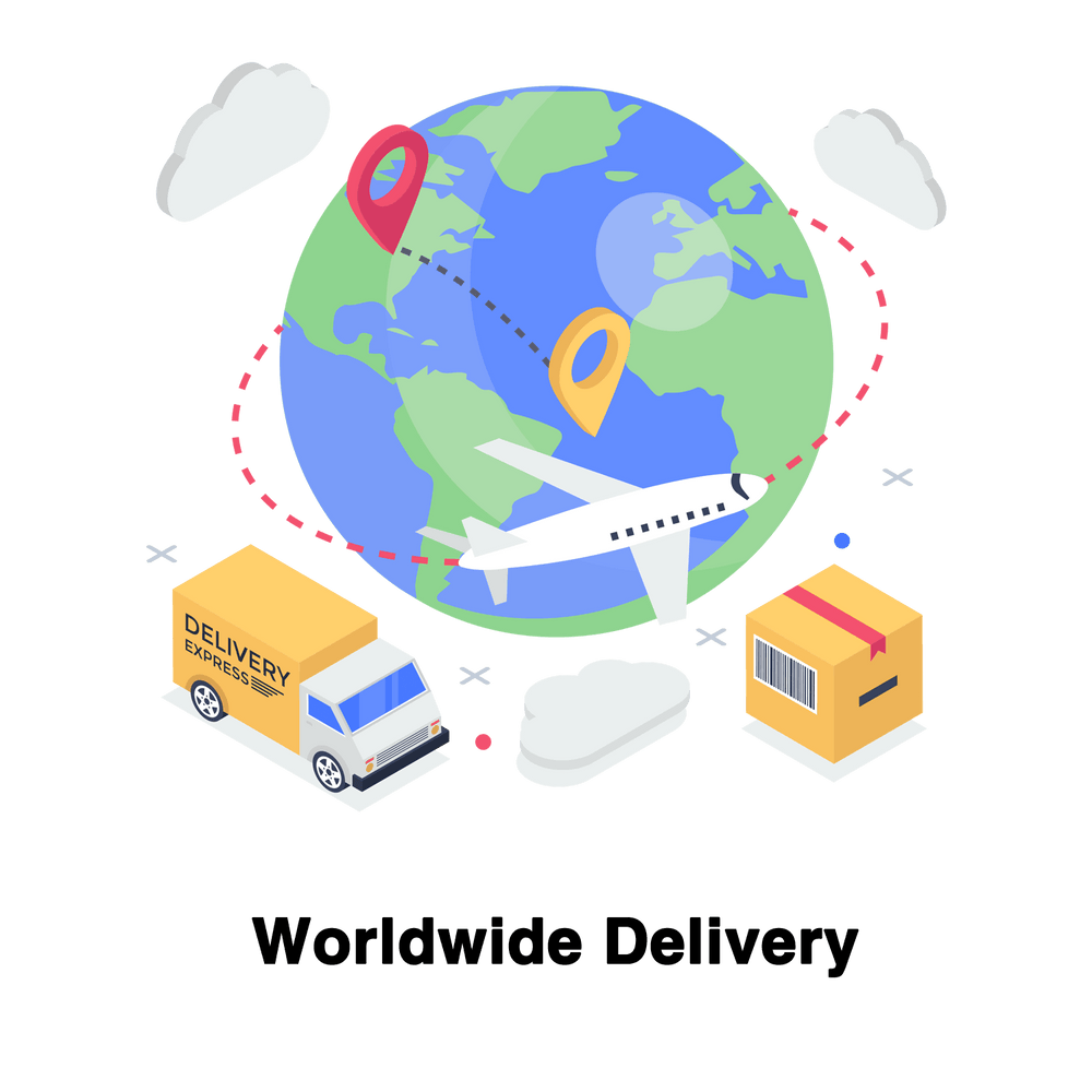 Illustration of worldwide shipping logistics with a plane and delivery truck circling a globe, featuring location pins and a package.